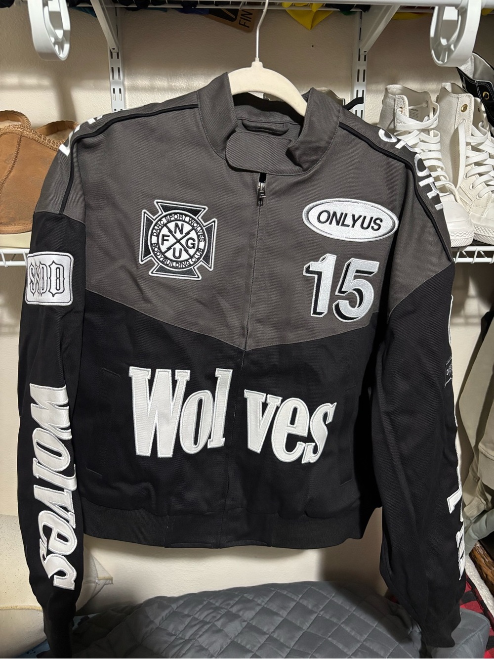 Only Men's Black and Gray Wolves Patch Bomber Jacket